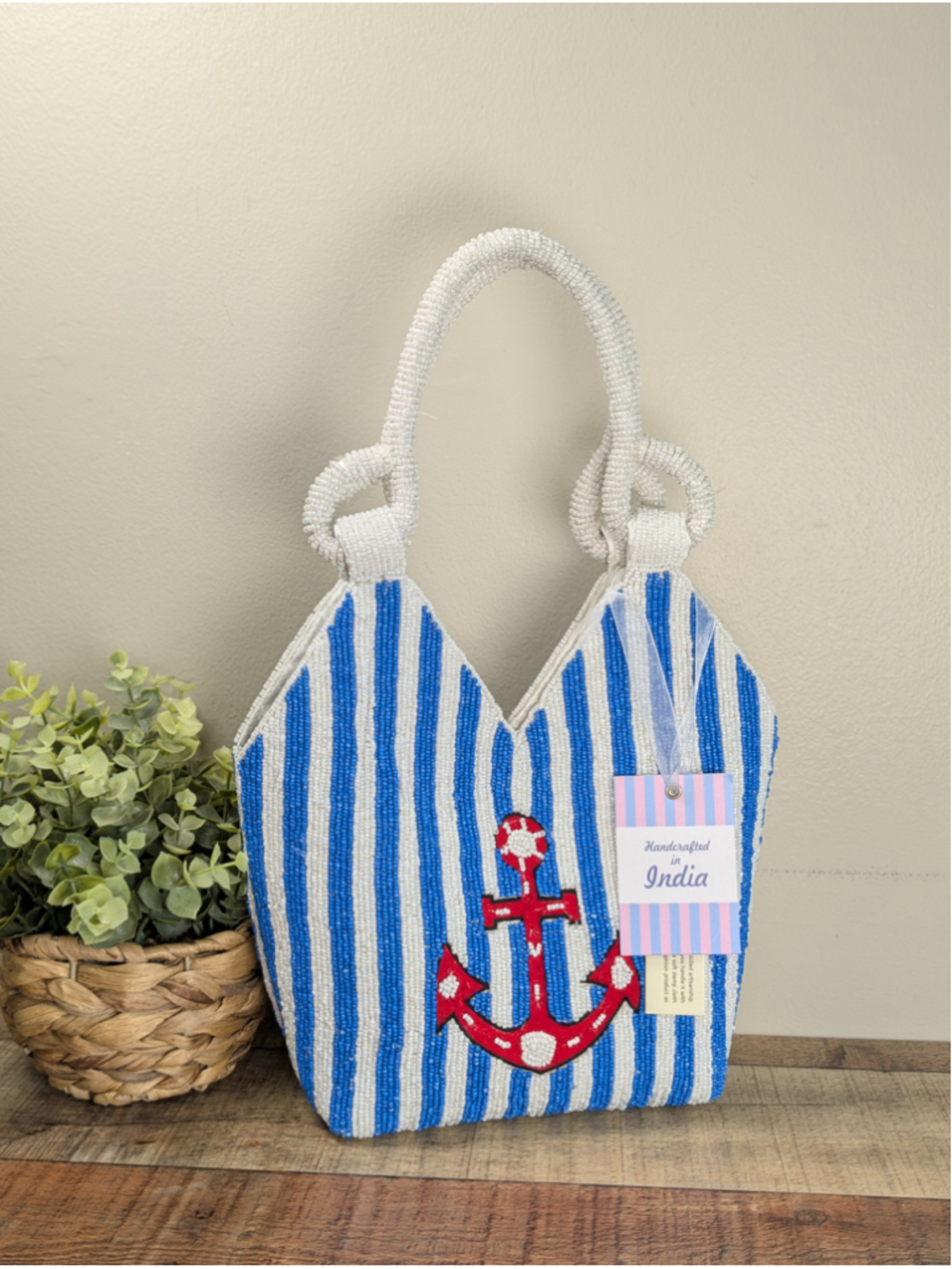 NEW Viral Beaded Stripe Anchor Made in India Top Handle handbag TikTok Instagram
